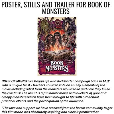 POSTER, STILLS AND TRAILER FOR BOOK OF MONSTERS